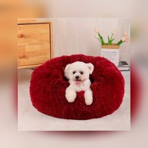 Luxurious Wine Red Donut Plush Round Pet Bed- XS 🐶